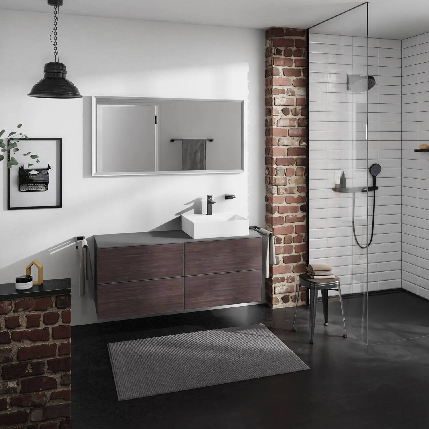 Łazienka z szafką pod umywalkę i strefą prysznicową, hansgrohe