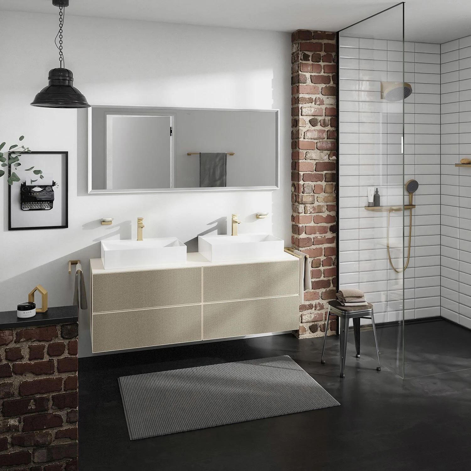 Łazienka z podwójną umywalką i prysznicem, hansgrohe