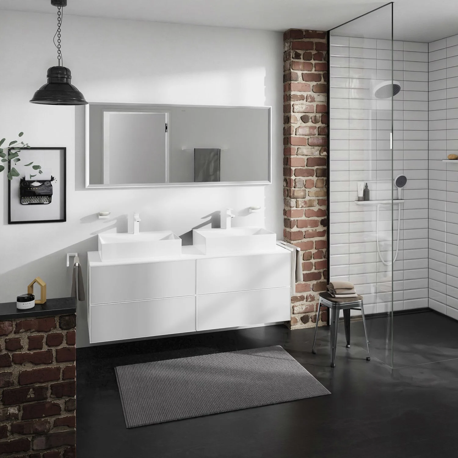 Nowoczesna łazienka z szafką pod umywalkę i prysznicem, hansgrohe