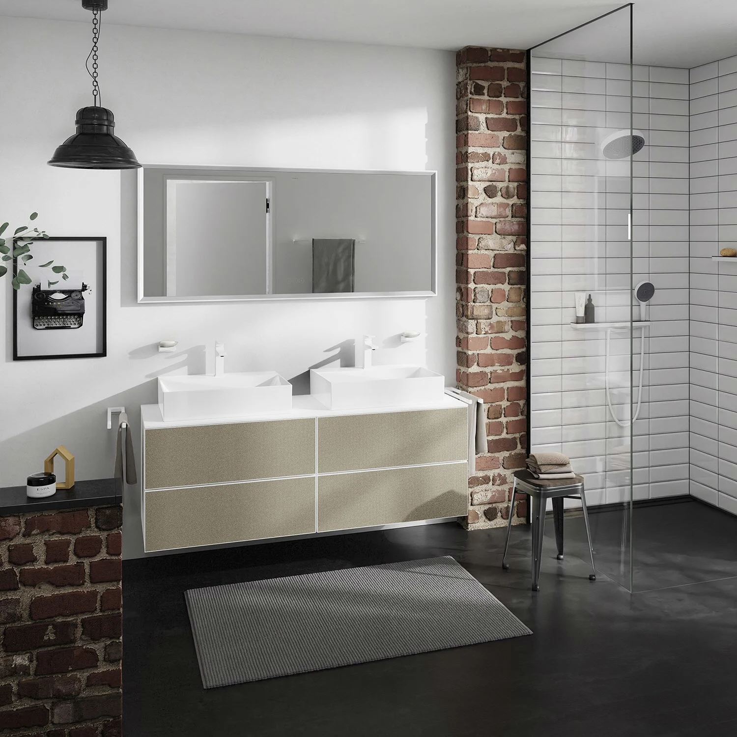 Nowoczesna łazienka z szafką pod umywalkę i prysznicem, hansgrohe