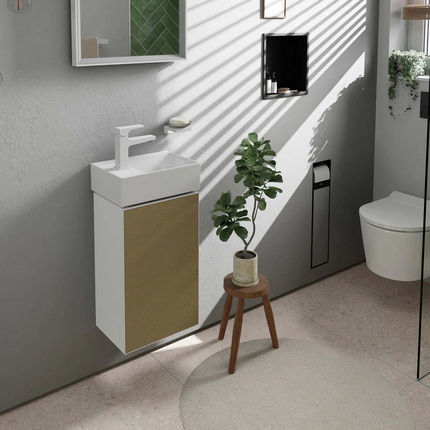 Szafka pod umywalkę w łazience z rośliną, hansgrohe