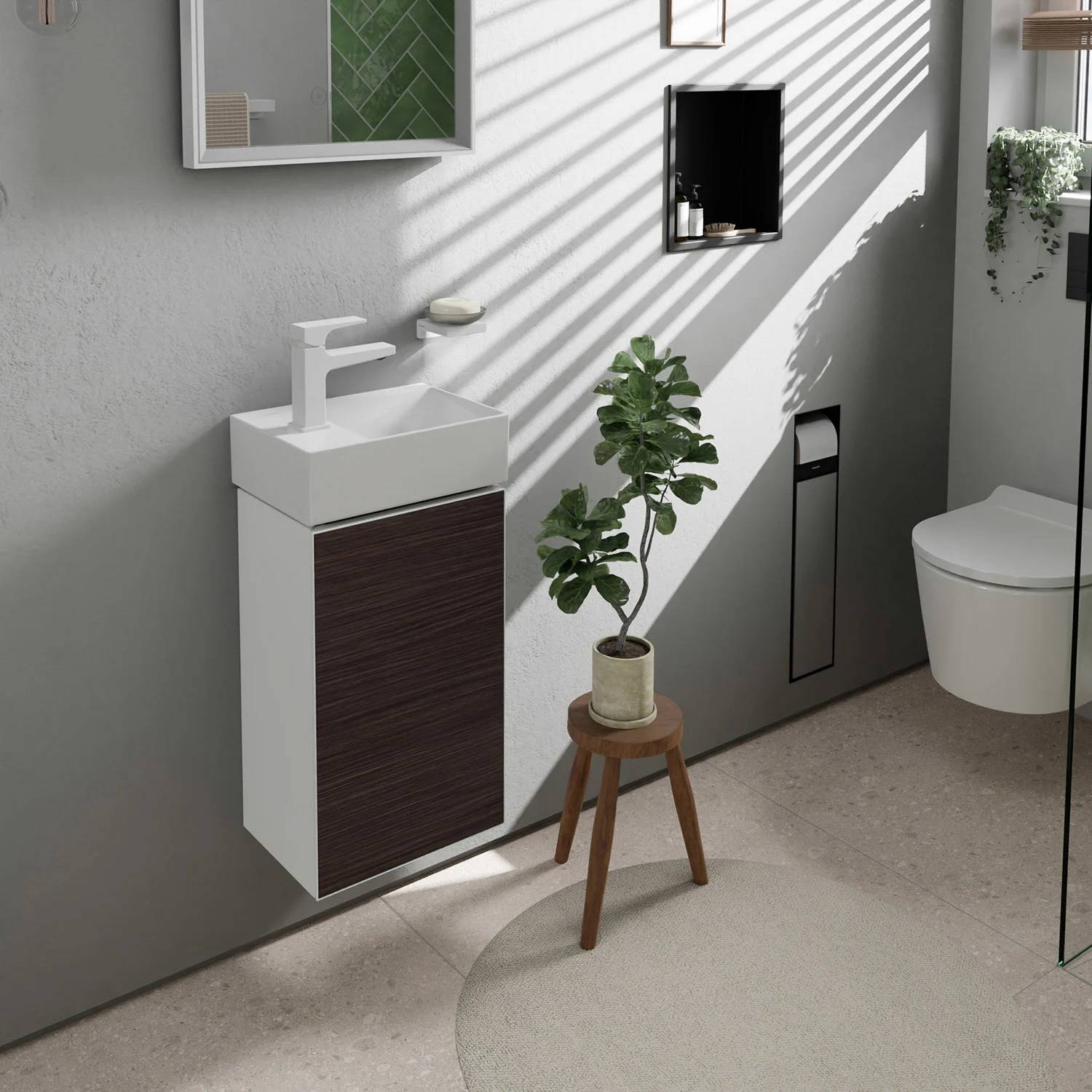 Szafka pod umywalkę w łazience z rośliną, hansgrohe