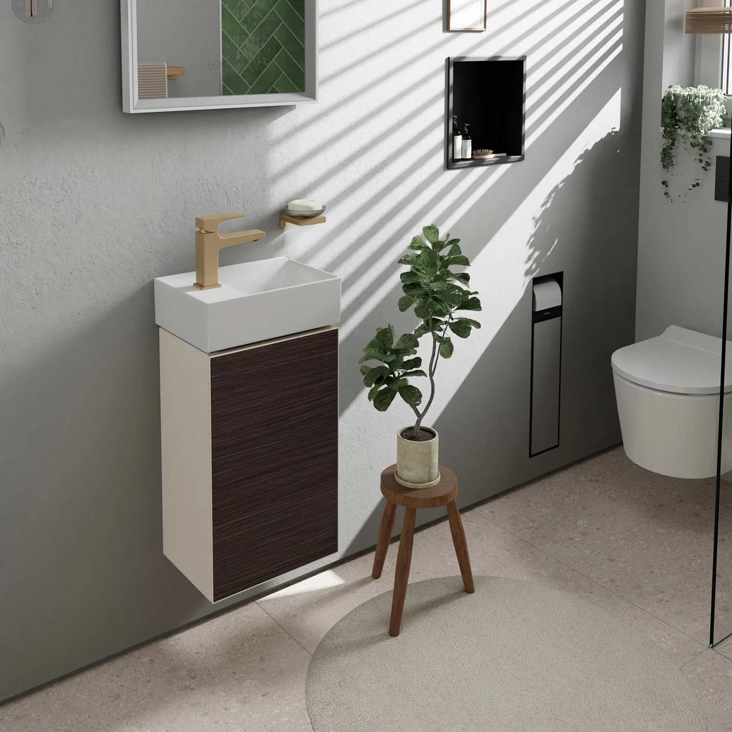Szafka pod umywalkę w łazience z rośliną, hansgrohe