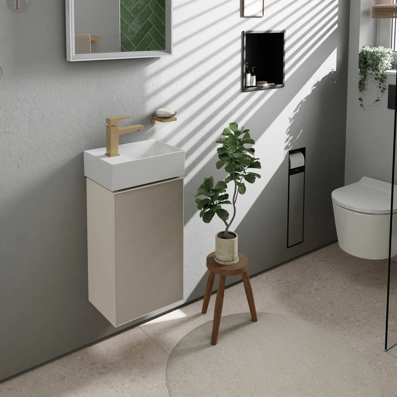 Szafka pod umywalkę w łazience z rośliną, hansgrohe