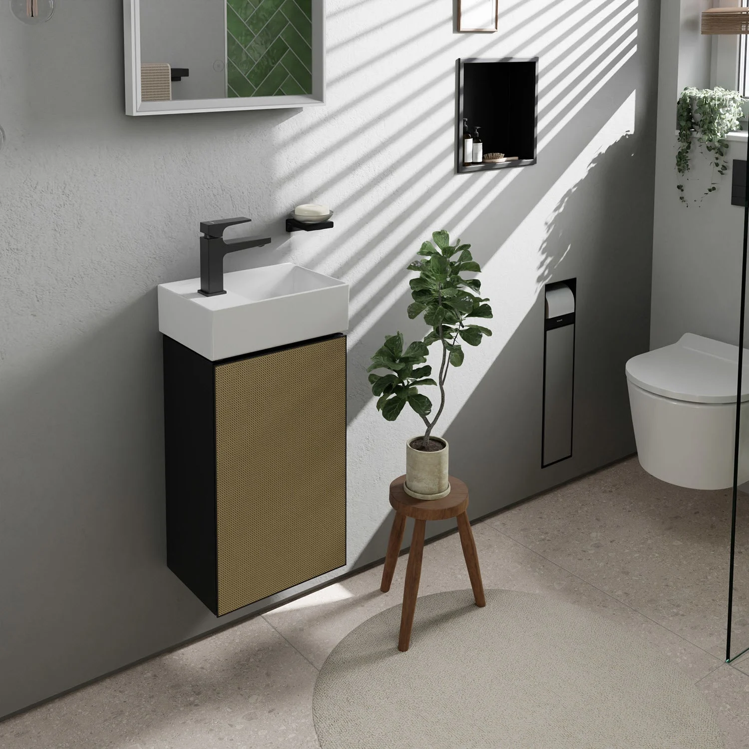 Szafka pod umywalkę w łazience z rośliną, hansgrohe