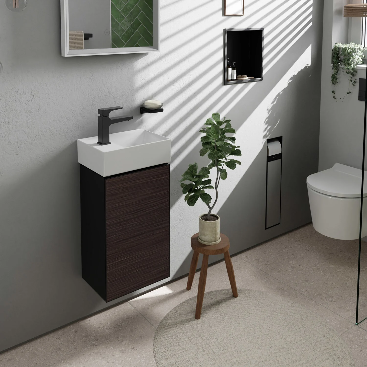Szafka pod umywalkę w łazience z rośliną, hansgrohe