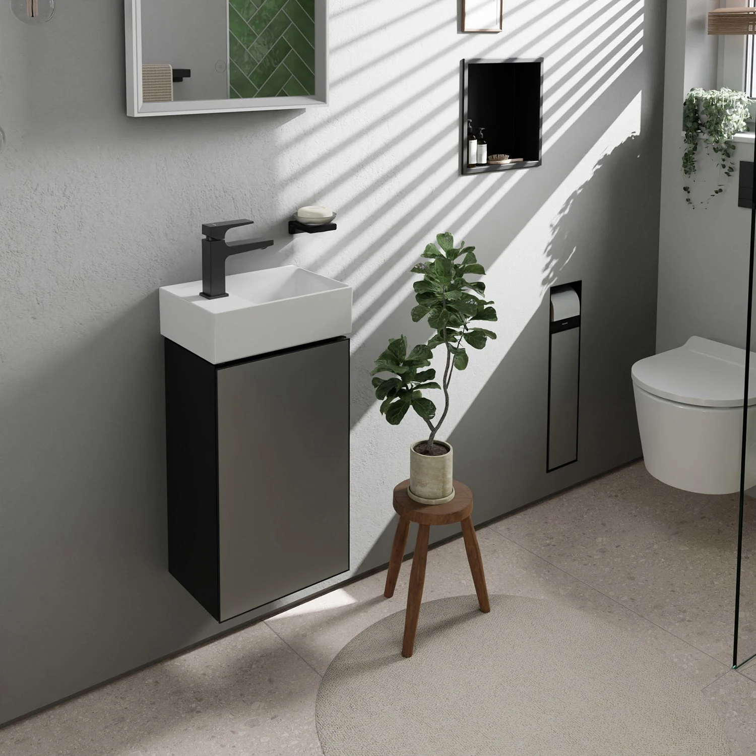 Szafka pod umywalkę w łazience z rośliną, hansgrohe