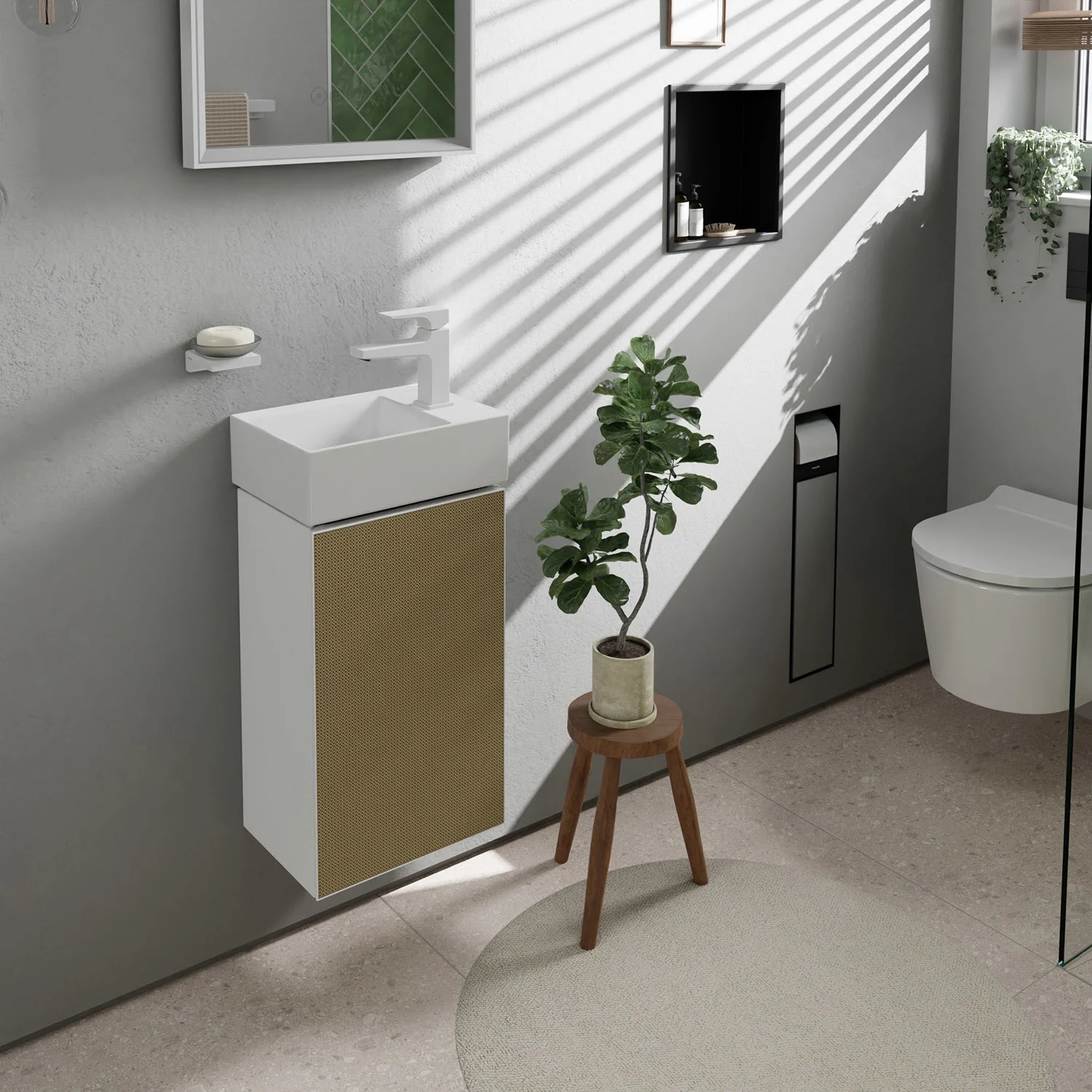 Szafka pod umywalkę w łazience z rośliną, hansgrohe