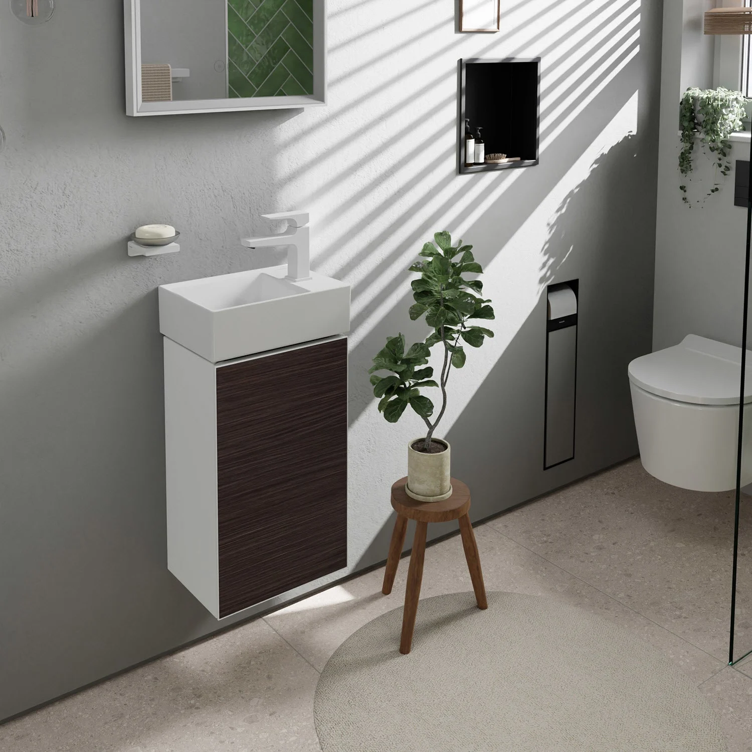 Szafka pod umywalkę w łazience z rośliną, hansgrohe