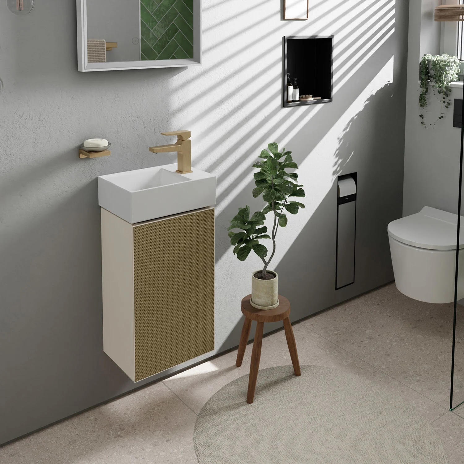 Szafka pod umywalkę w łazience z rośliną, hansgrohe