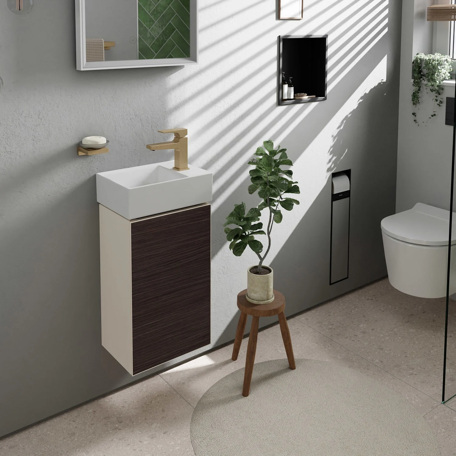 Szafka pod umywalkę w łazience z rośliną, hansgrohe