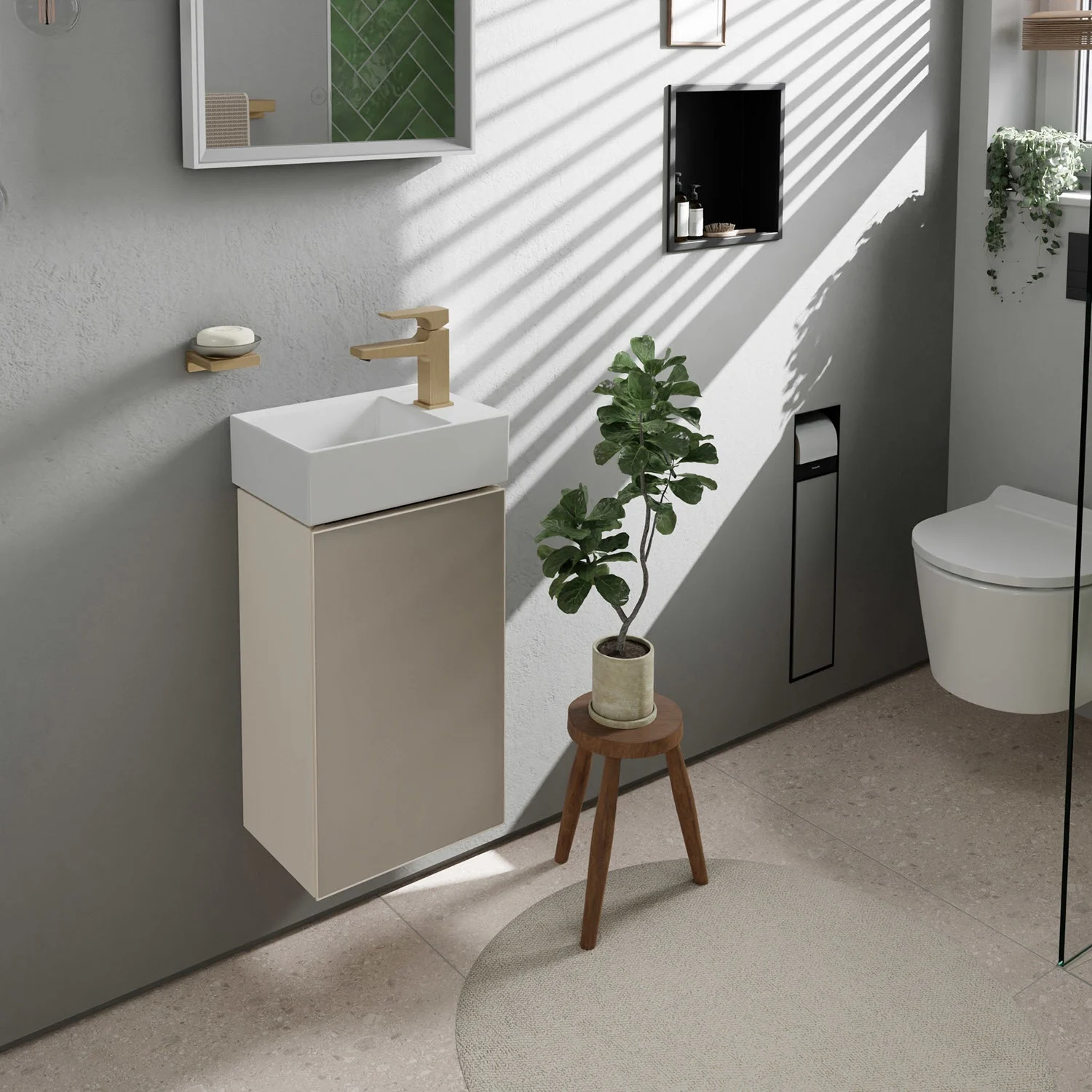 Szafka pod umywalkę w łazience z rośliną, hansgrohe
