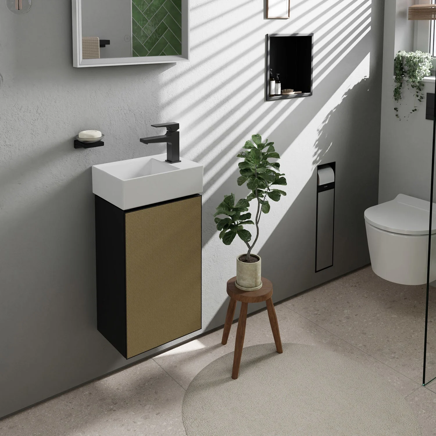 Łazienka z beżową szafką pod umywalkę, hansgrohe