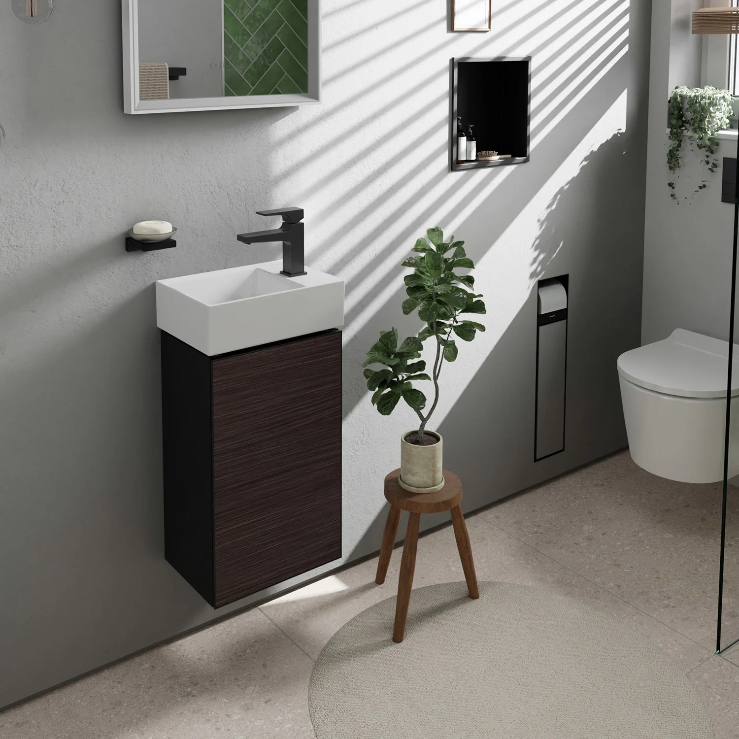 Łazienka z szafką pod umywalkę w drewnianym wyglądzie, hansgrohe