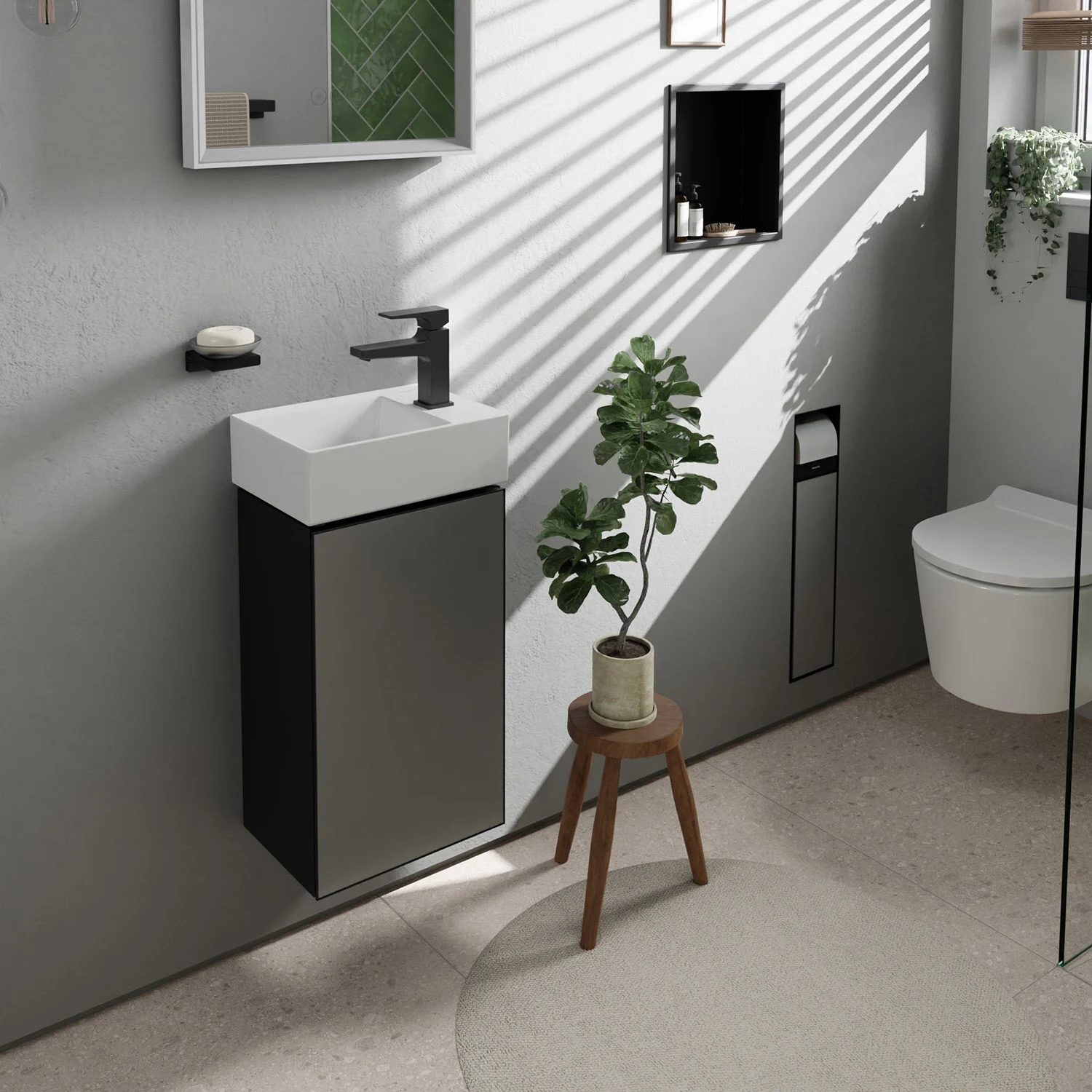 Łazienka z szarą szafką pod umywalkę, hansgrohe