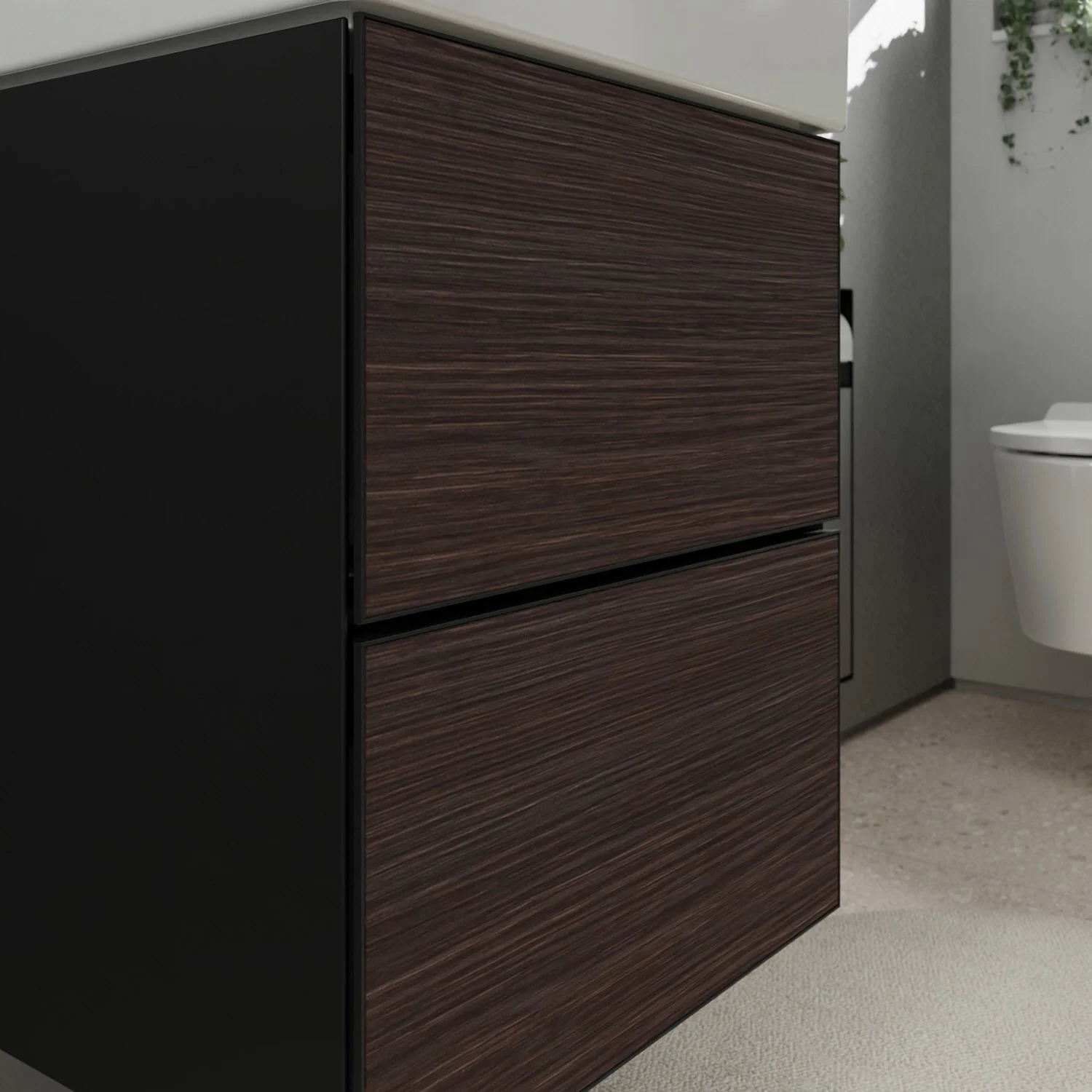 Szafka pod umywalkę w drewnianym wyglądzie widok z boku, hansgrohe