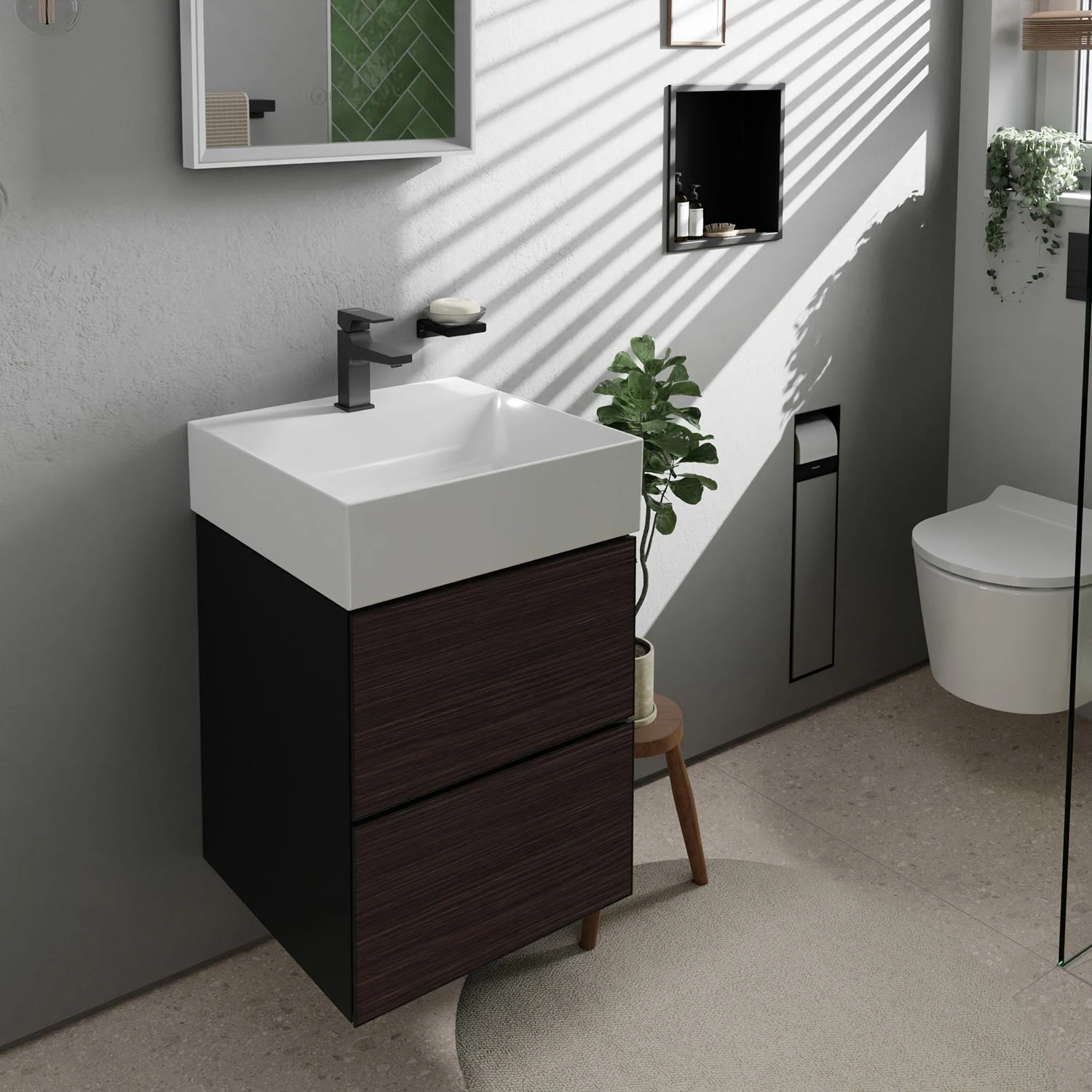 Zbliżenie szafki pod umywalkę w łazience, hansgrohe