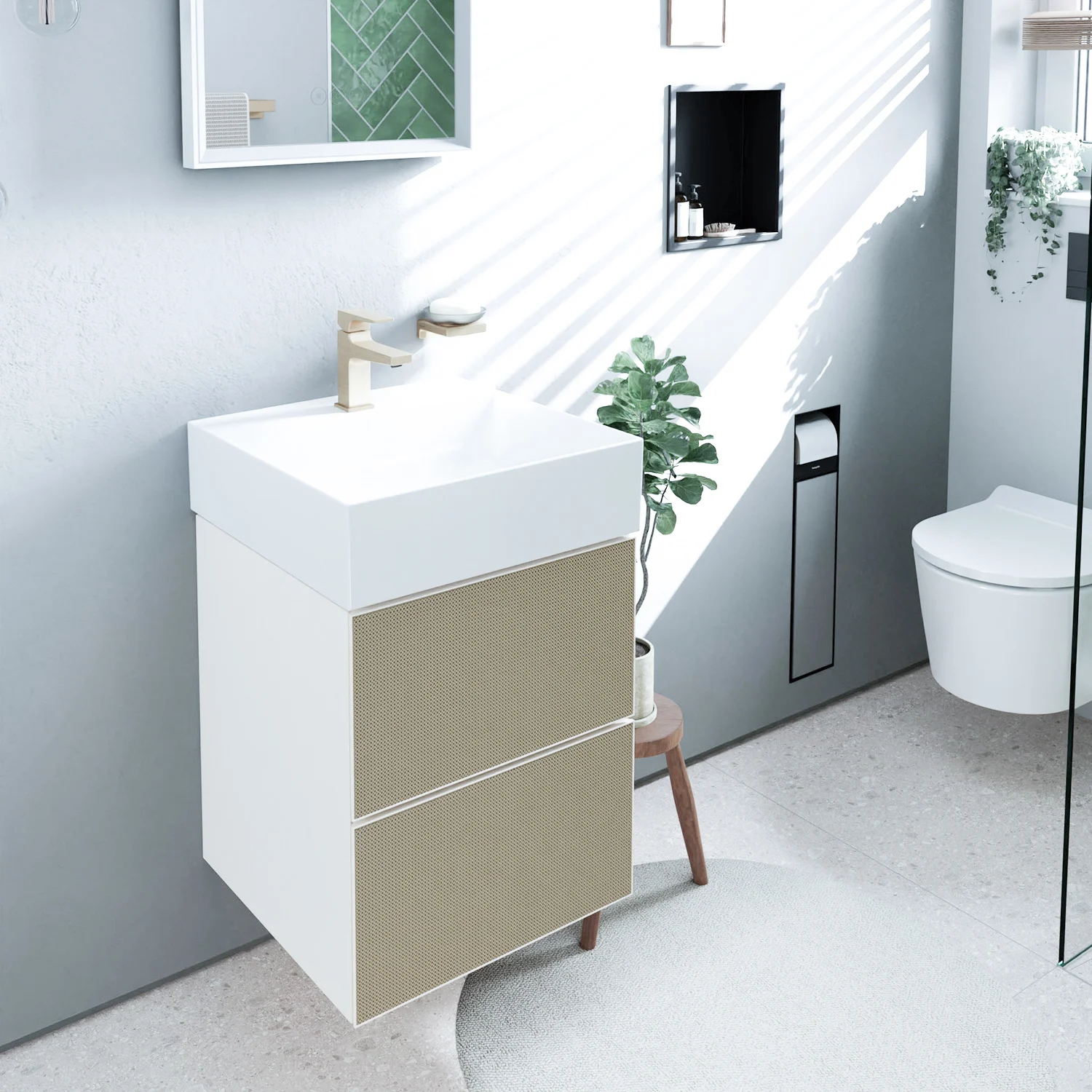 Szafka pod umywalkę w nowoczesnej łazience, hansgrohe