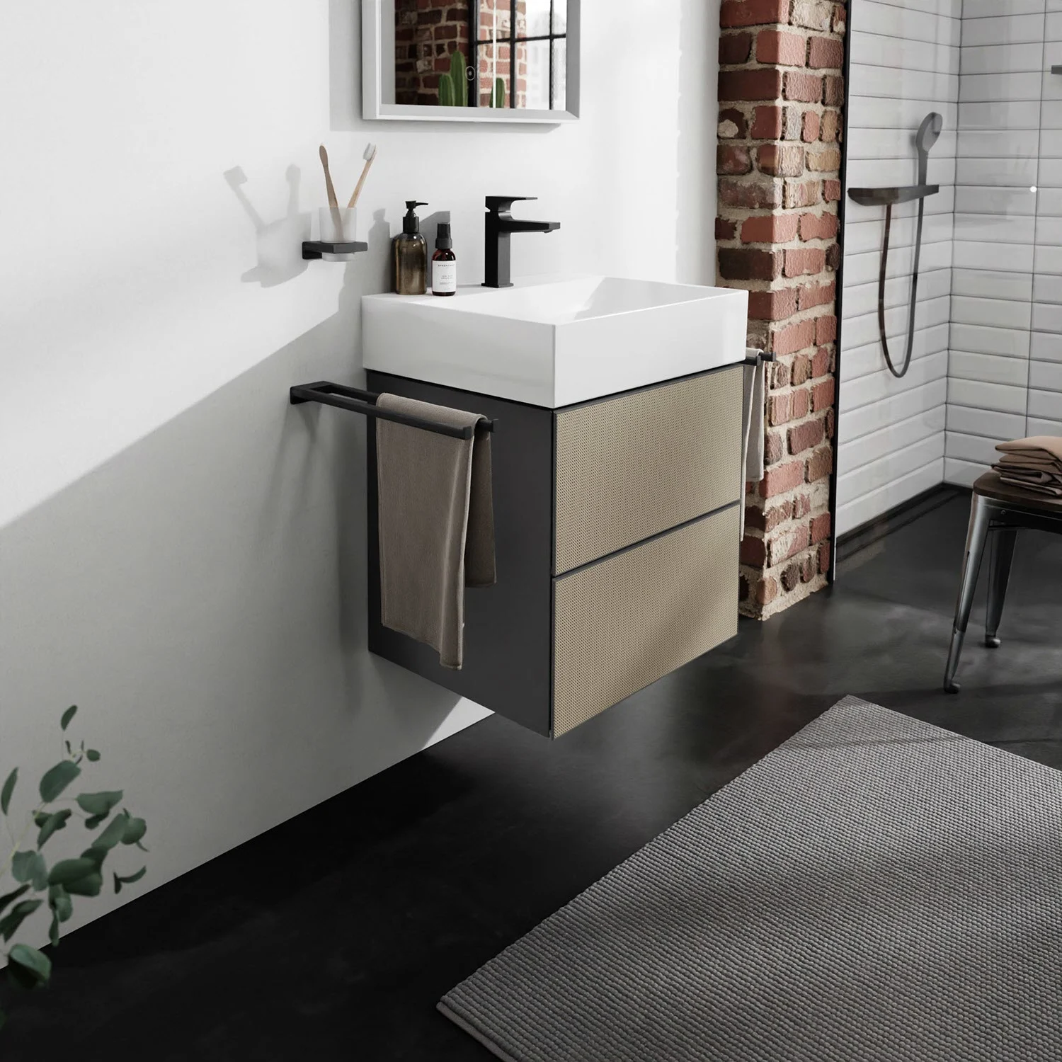 Beżowa szafka pod umywalkę w nowoczesnej łazience, hansgrohe