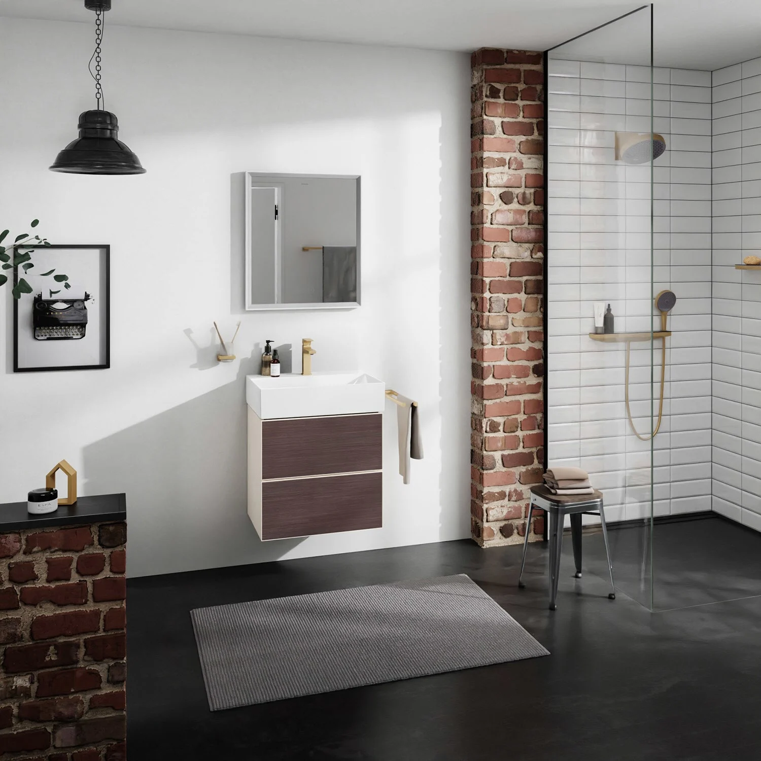 Łazienka z szafką pod umywalkę i prysznicem, hansgrohe