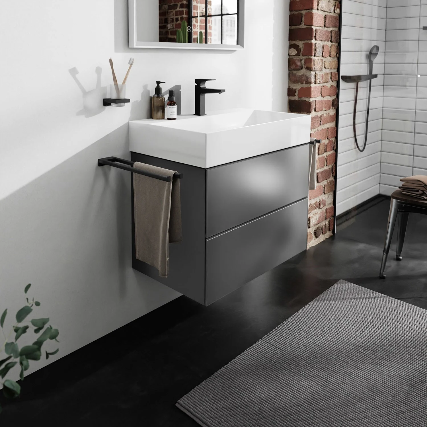 Szafka pod umywalkę w nowoczesnej łazience, hansgrohe