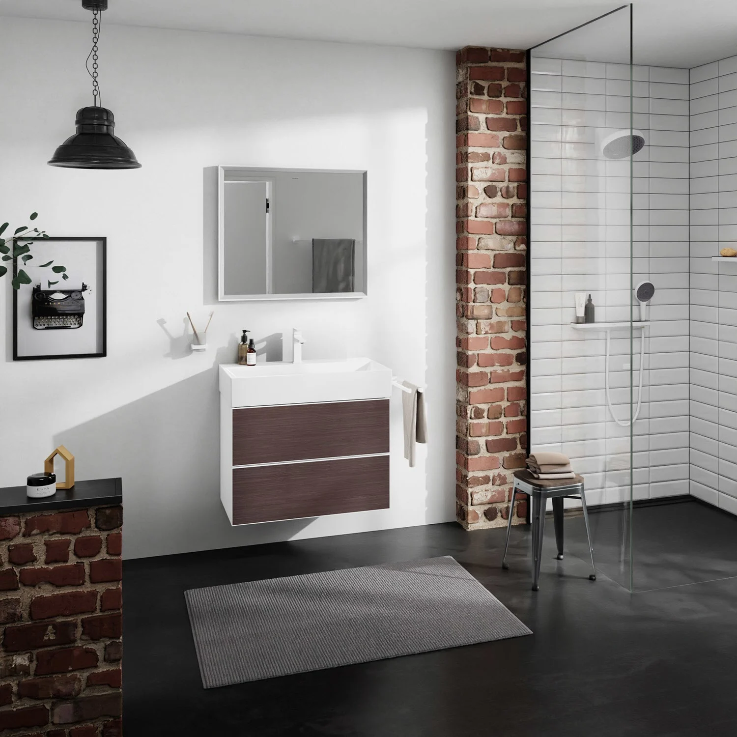 Łazienka z ciemną szafką pod umywalkę i prysznicem, hansgrohe