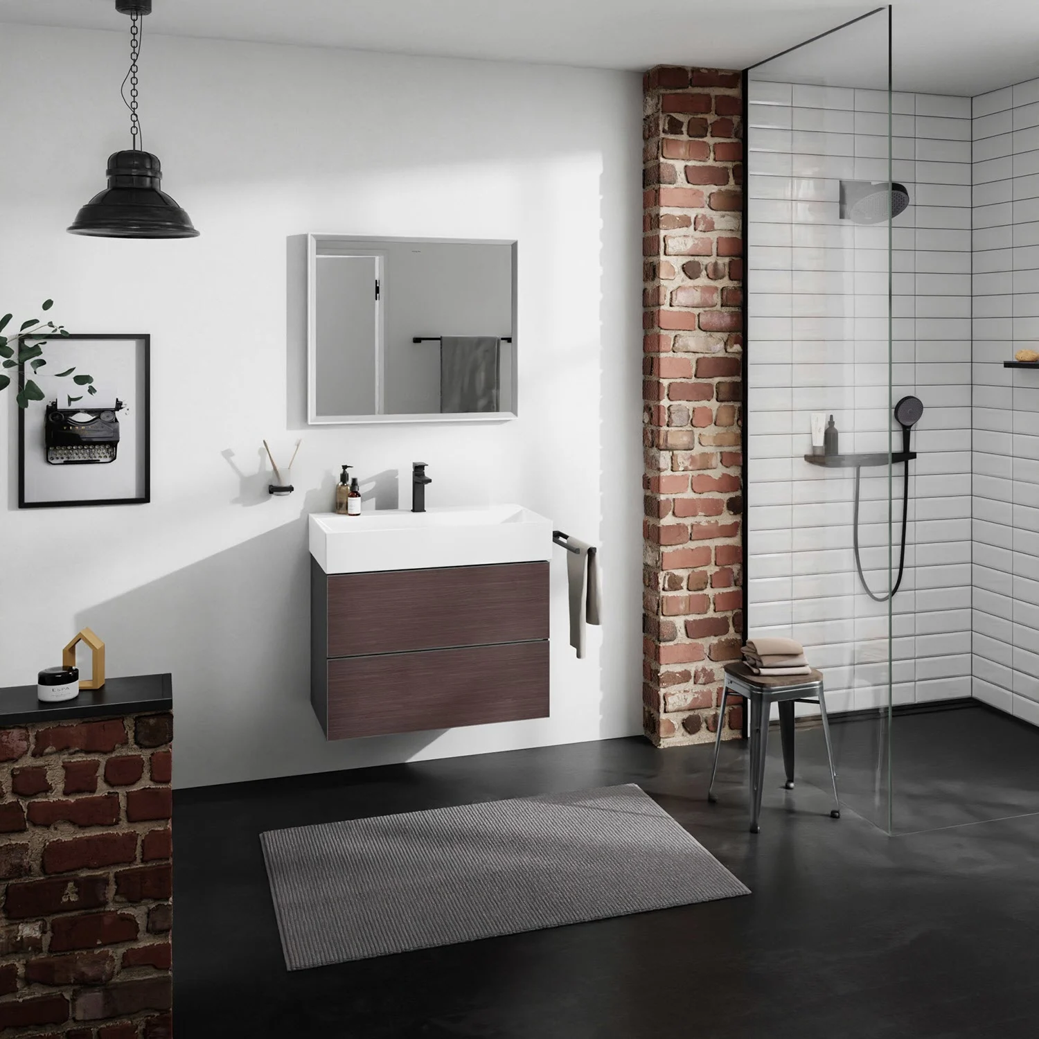 Ciemna szafka umywalkowa w nowoczesnej łazience, hansgrohe