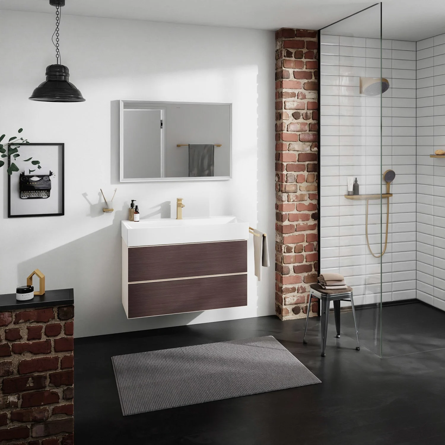 Łazienka z ciemnobrązową szafką i prysznicem, hansgrohe