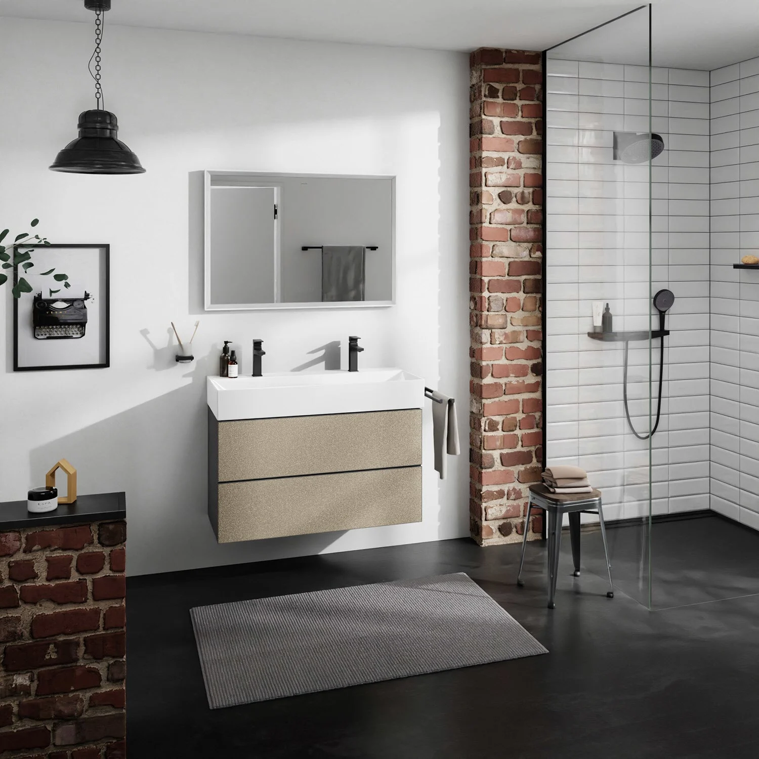 Łazienka z beżową szafką i prysznicem, hansgrohe