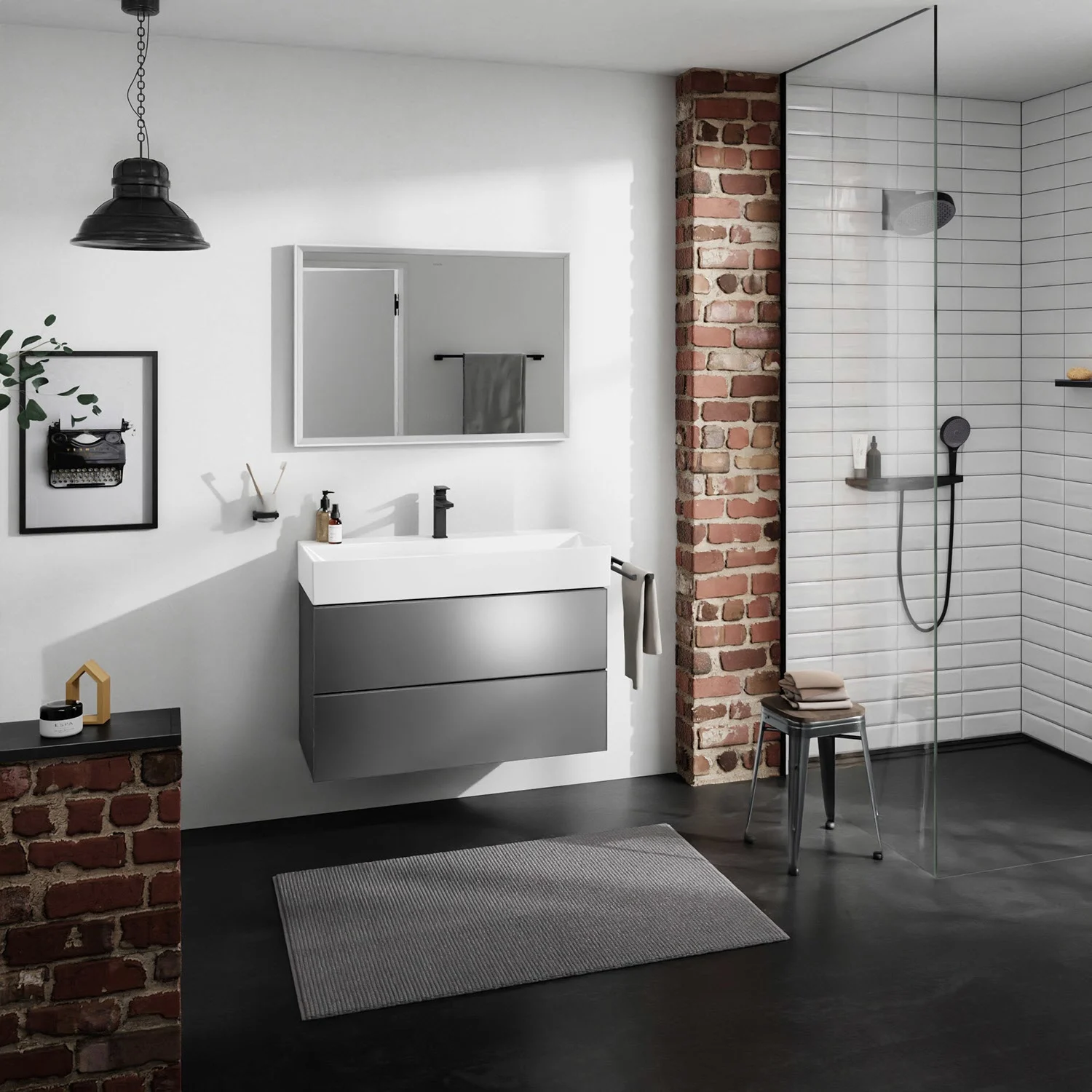 Łazienka z szarą szafką i prysznicem, hansgrohe