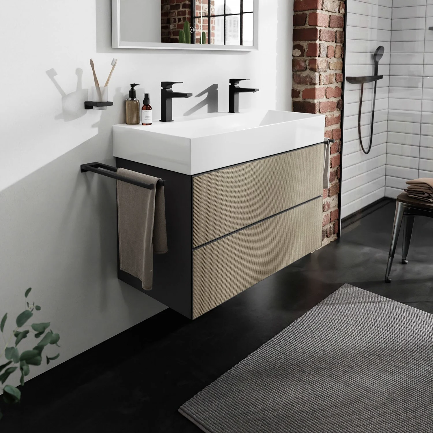 Beżowa szafka pod umywalkę w łazience, hansgrohe