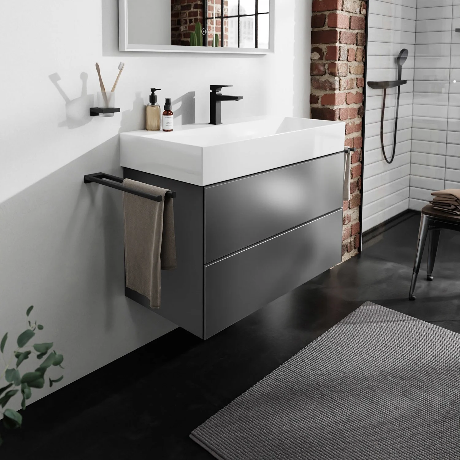 Szara szafka pod umywalkę w łazience, hansgrohe