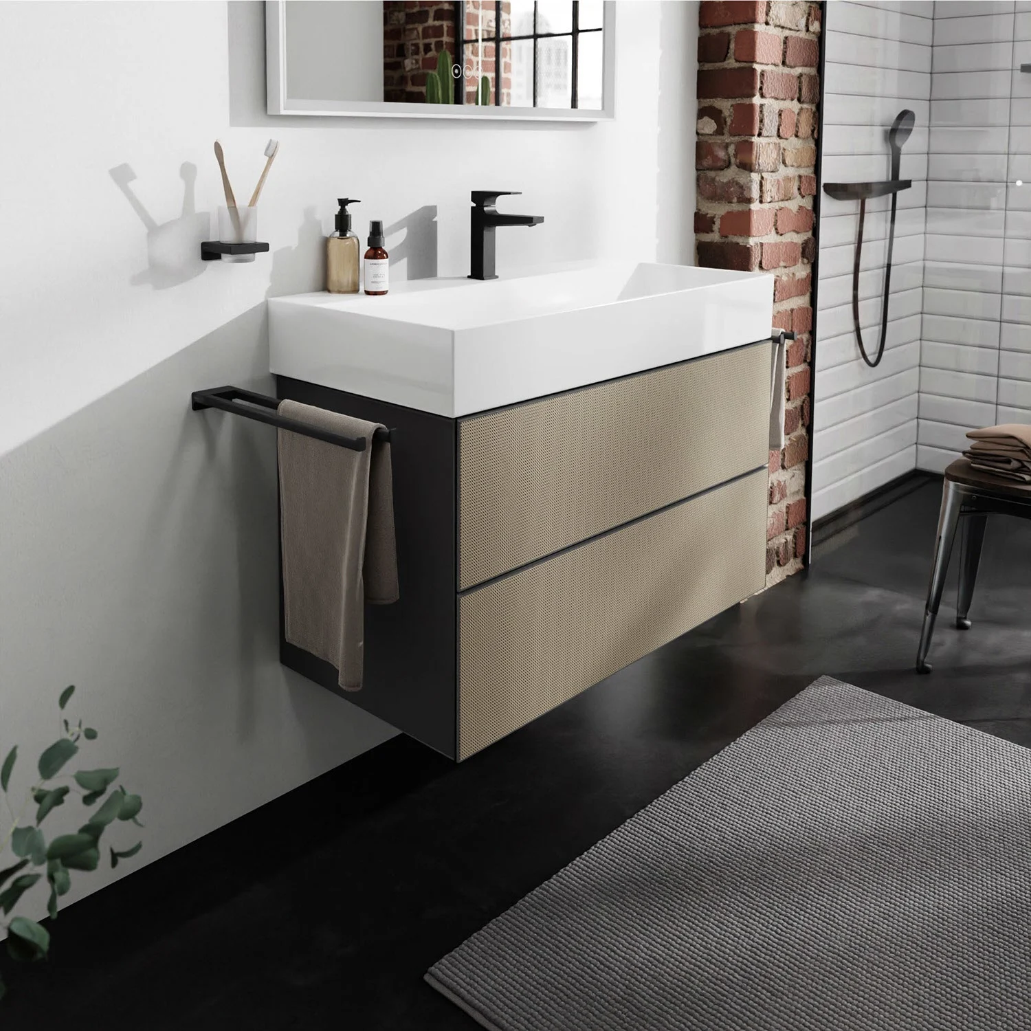 Beżowa szafka pod umywalkę w nowoczesnej łazience, hansgrohe