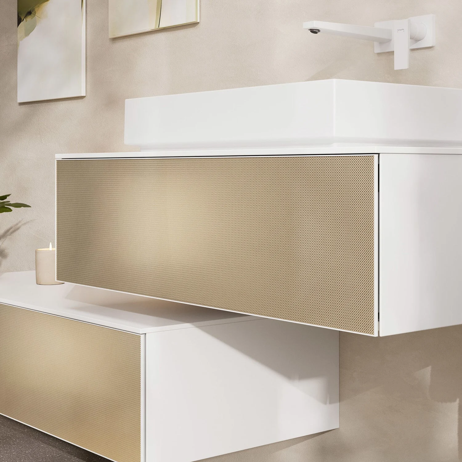 Zbliżenie szafki łazienkowej, hansgrohe