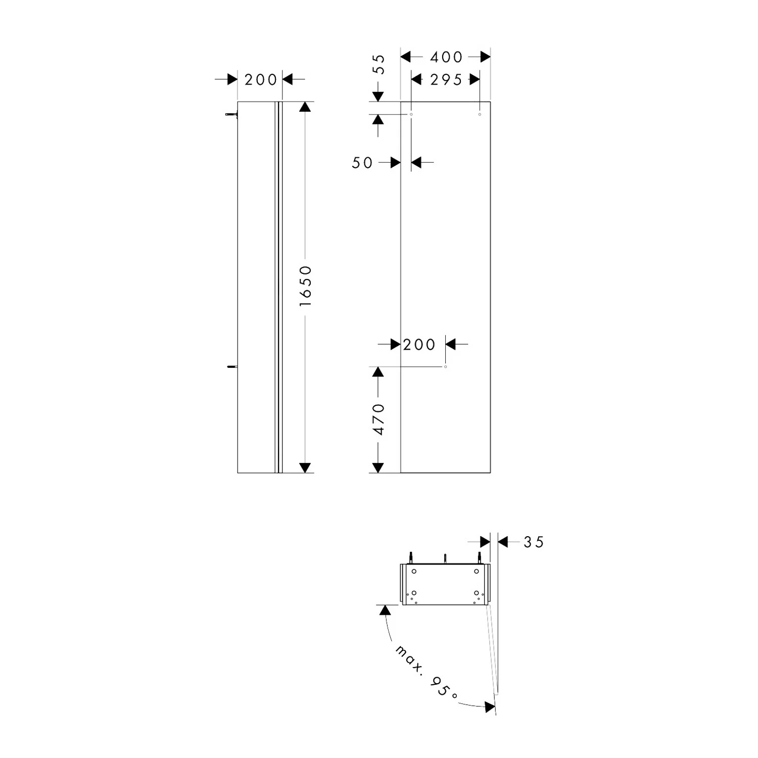 Rysunek techniczny wysokiej szafki z wymiarami, hansgrohe
