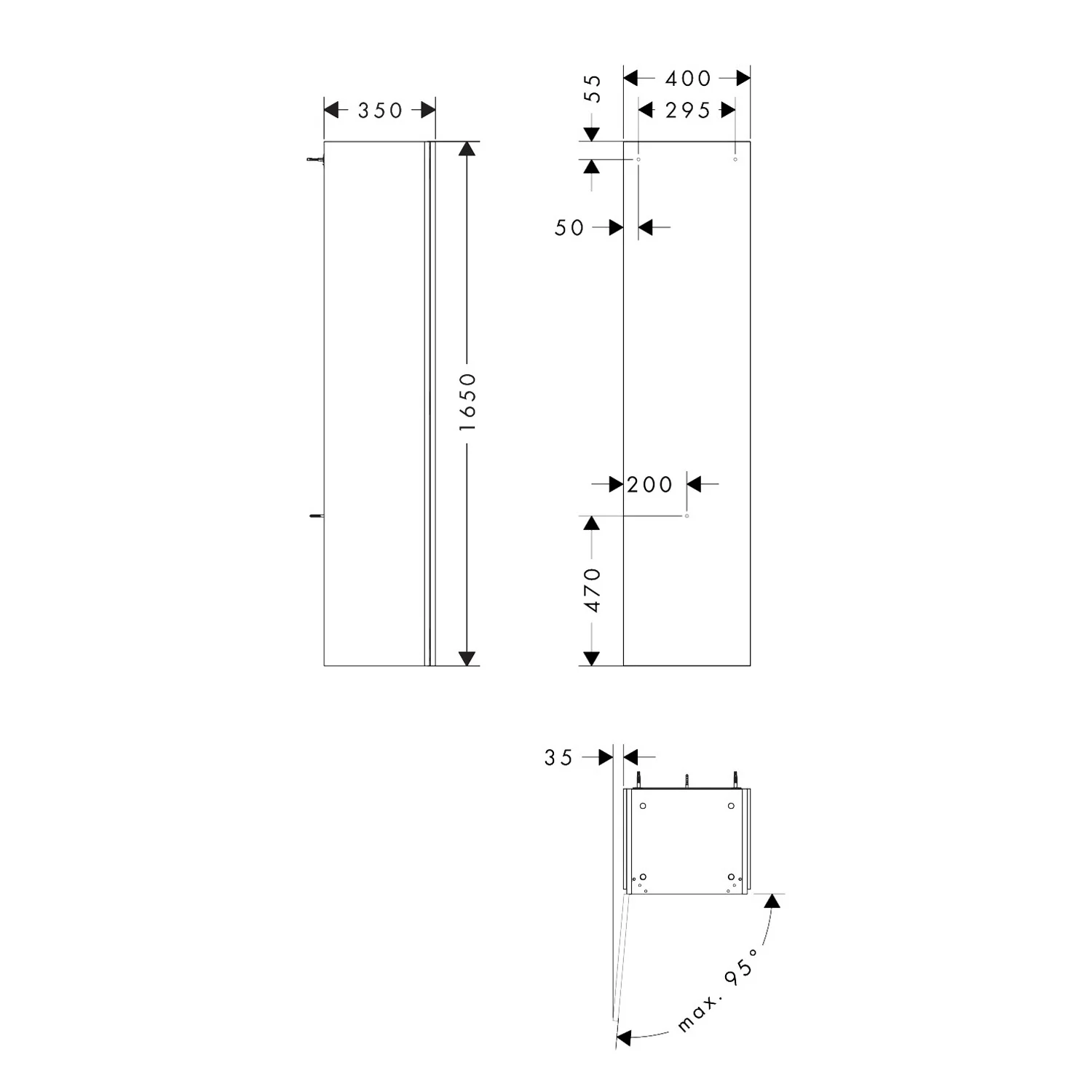 Rysunek techniczny wysokiej szafki z wymiarami, hansgrohe