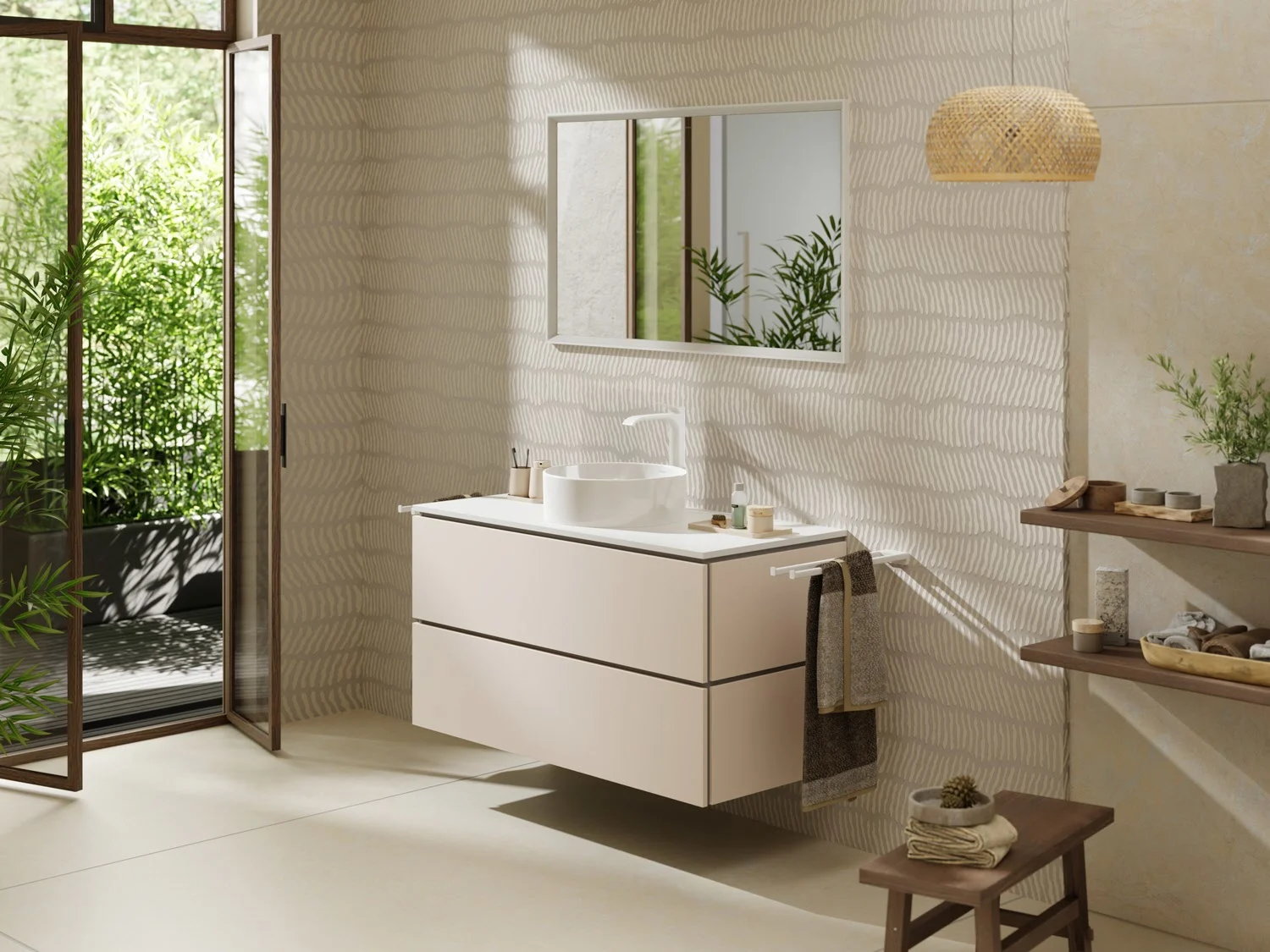Konsola Hansgrohe Xilesa E 118 x 55 cm z okrągłym, centralnym wycięciem do umywalki nablatowej bez otworu na baterię Zdjęcie 7