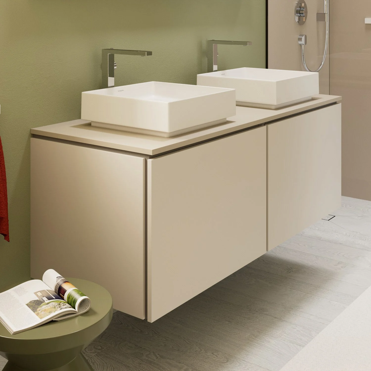 hansgrohe Xilesa E Konsole 137,5 x 55 cm mit 2 Ausschnitten rund links und rechts für Aufsatzwaschtische ohne Hahnloch Bild 2