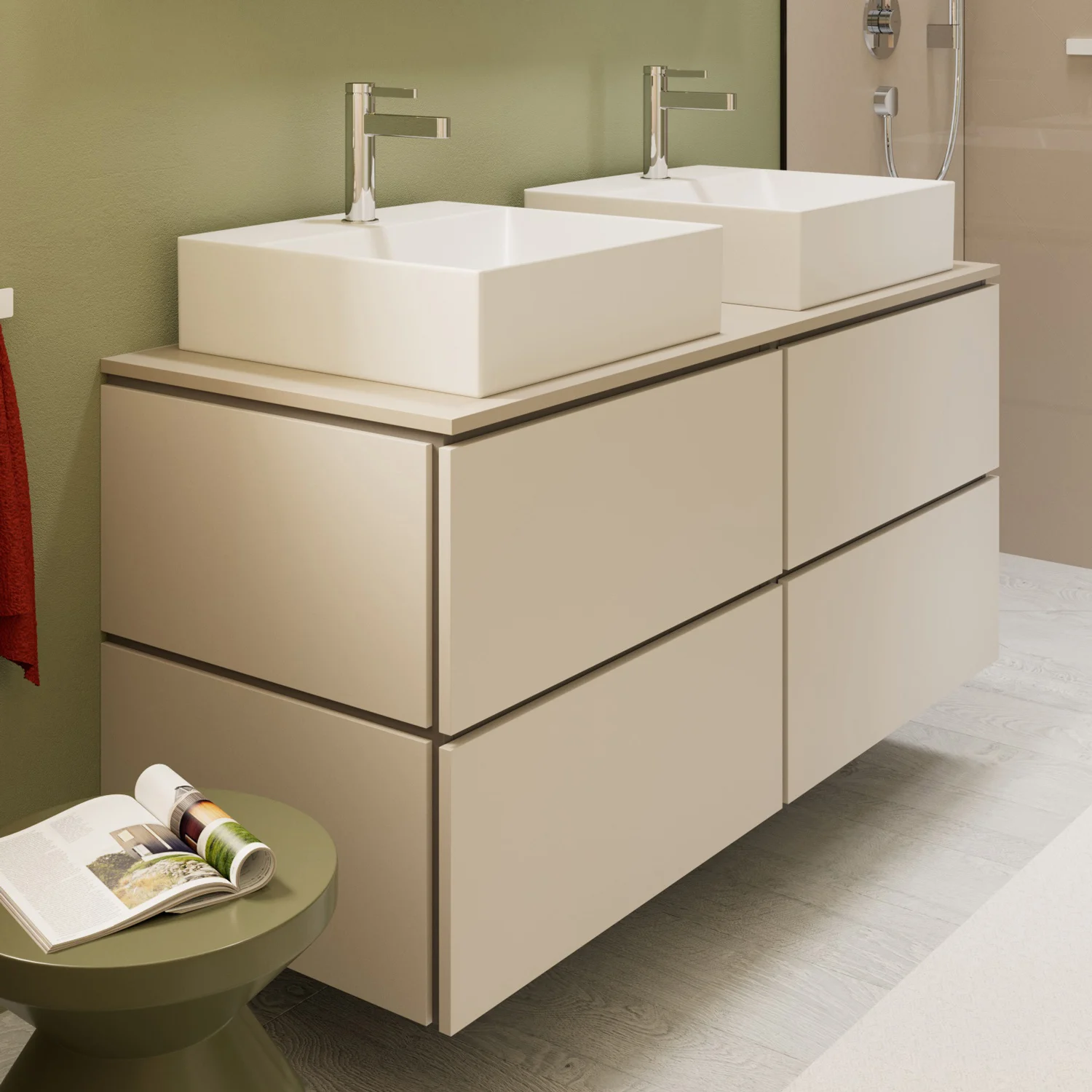 hansgrohe Xilesa E Konsole 137,5 x 55 cm mit 2 Ausschnitten eckig links und rechts für Aufsatzwaschtische geschliffen Bild 2