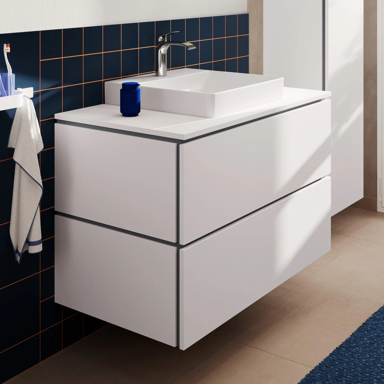 Konsola Hansgrohe Xilesa E 98 x 55 cm z prostokątnym wycięciem pośrodku, przeznaczona do Umywalki nablatowej, szlifowana Zdjęcie 2