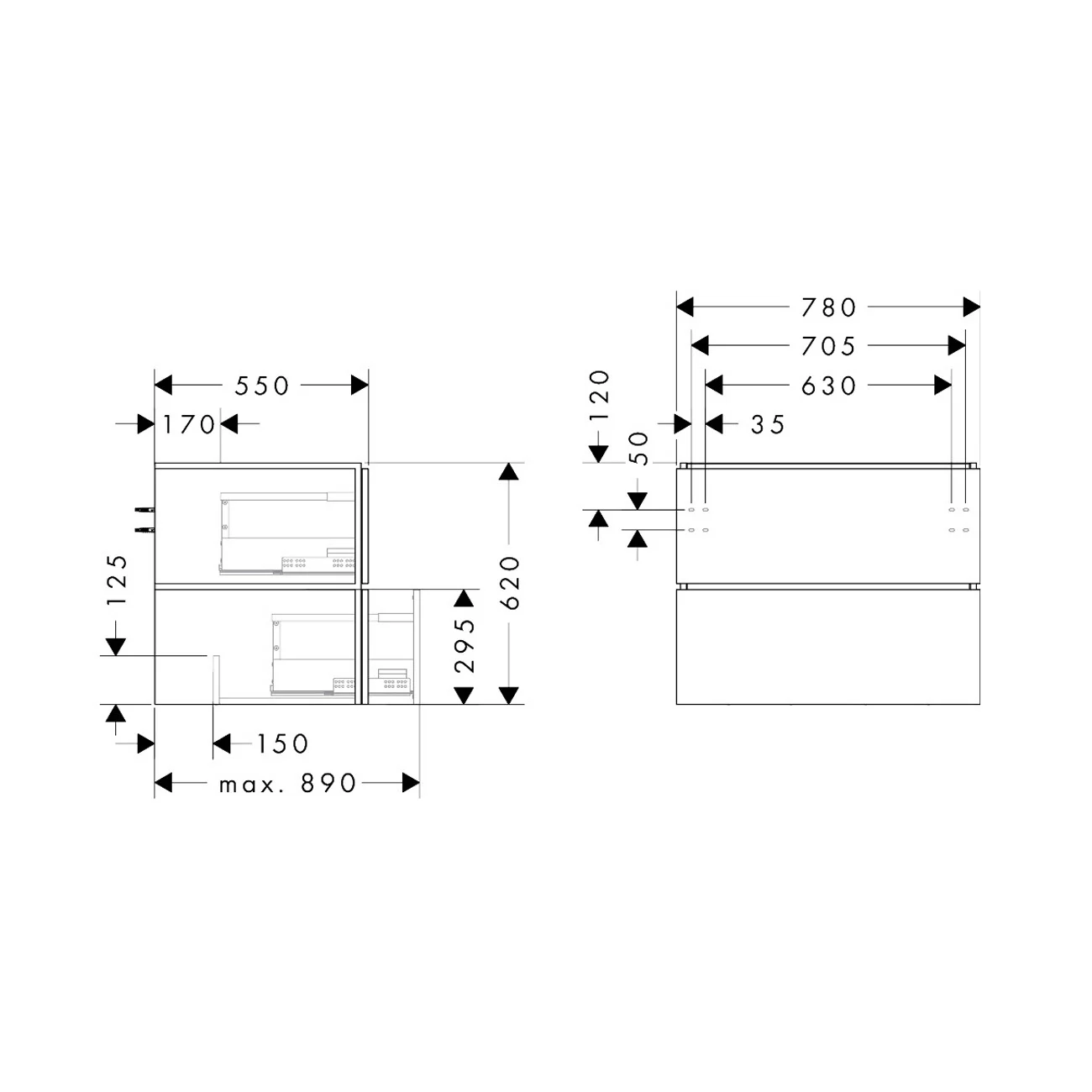 hansgrohe Xilesa E Waschtischunterschrank 78 cm mit 2 Auszügen für Konsole mit Ausschnitt mittig Bild 4
