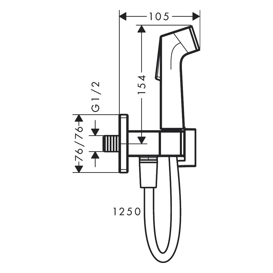 Rysunek techniczny zestawu prysznicowego z wymiarami, hansgrohe