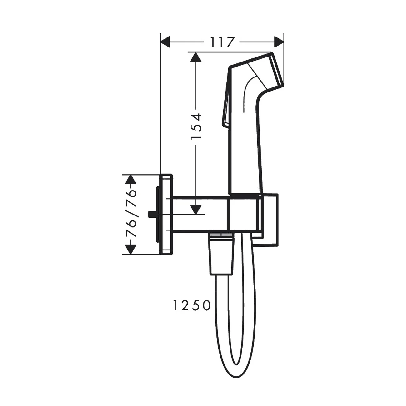 Rysunek techniczny zestawu prysznicowego z wymiarami, hansgrohe