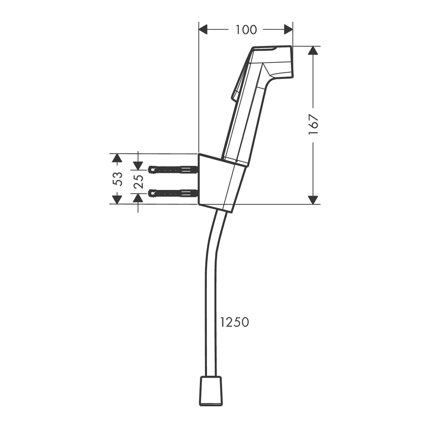 Rysunek techniczny zestawu prysznicowego z wymiarami, hansgrohe