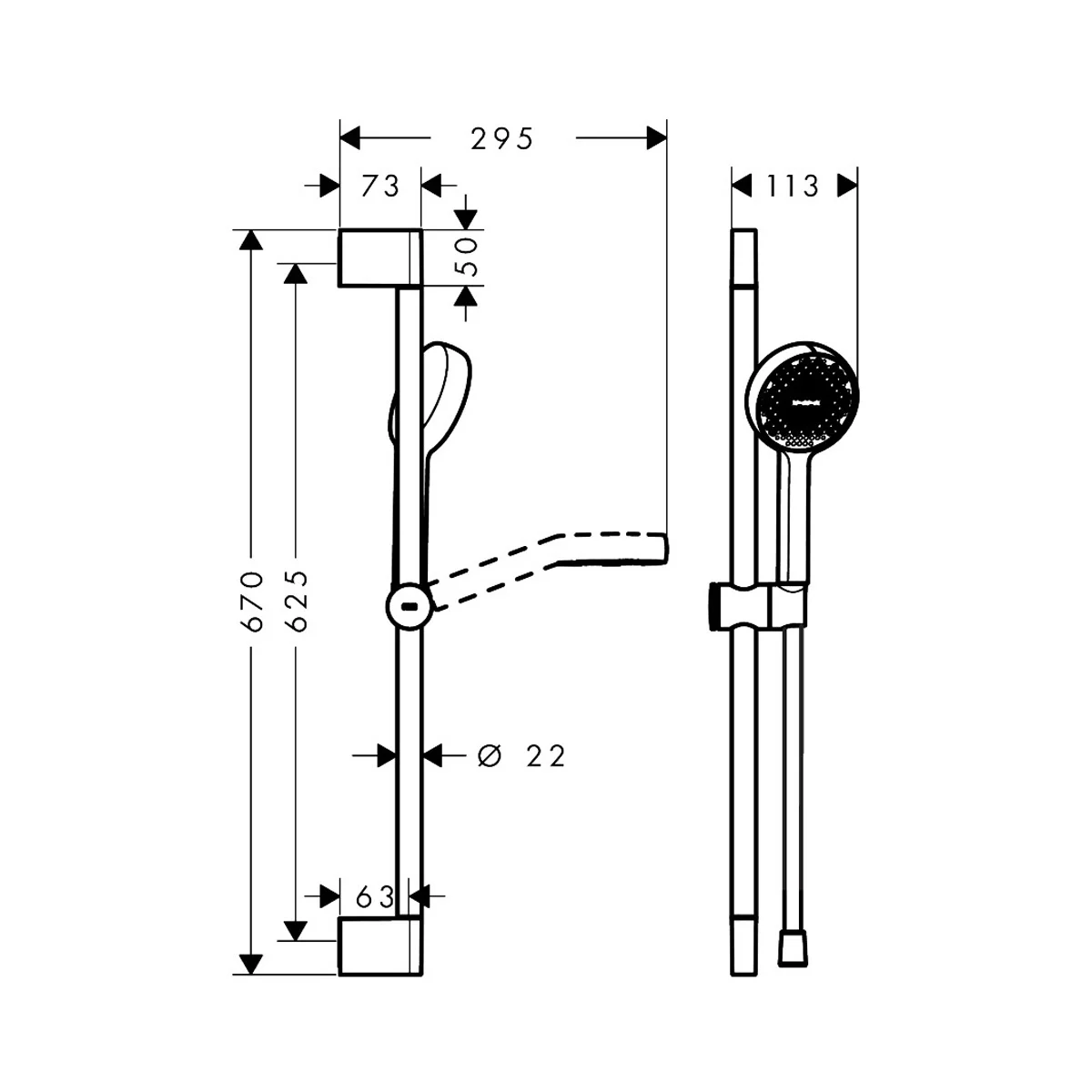 Rysunek techniczny zestawu prysznicowego z wymiarami, hansgrohe