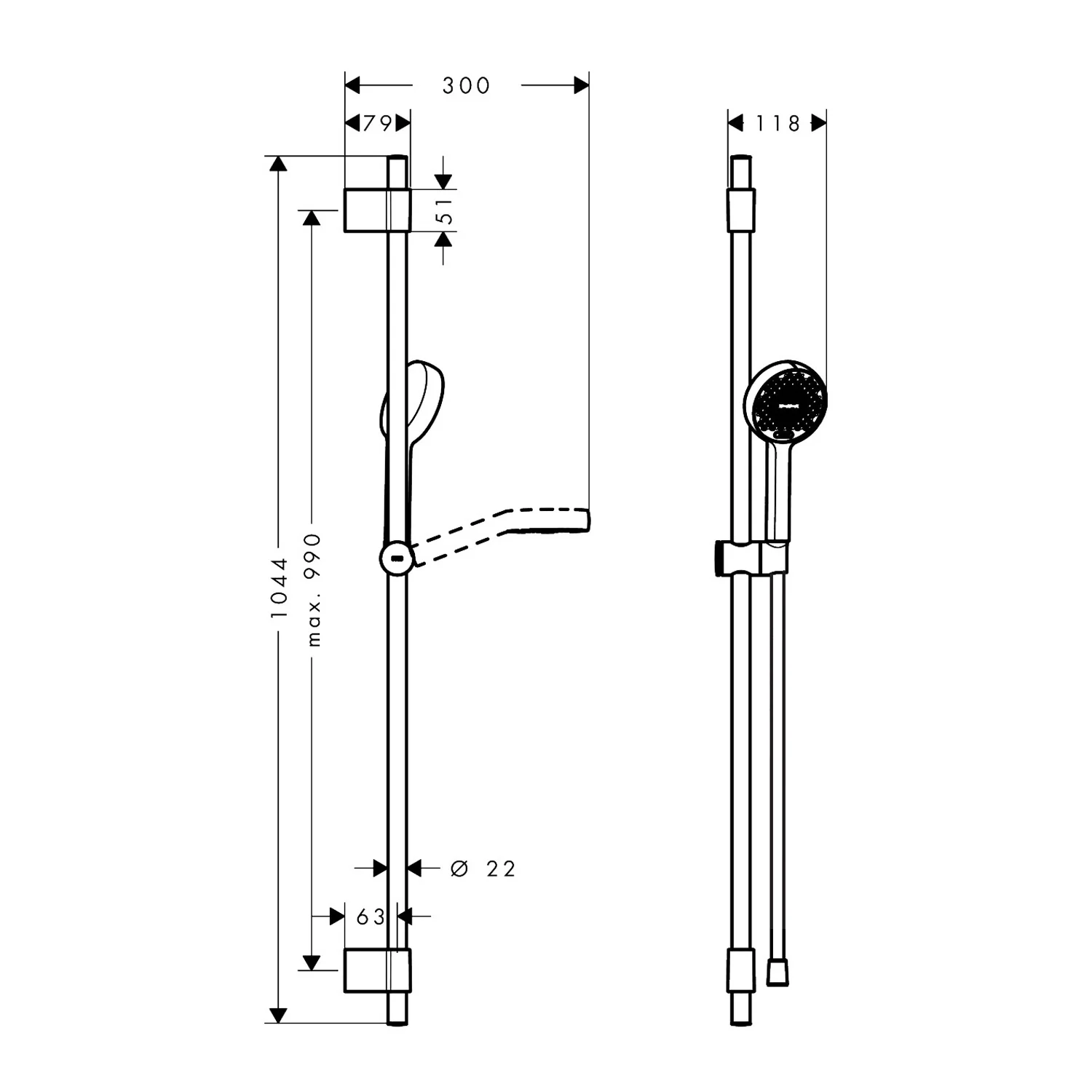 Rysunek techniczny drążka prysznicowego z wymiarami, hansgrohe