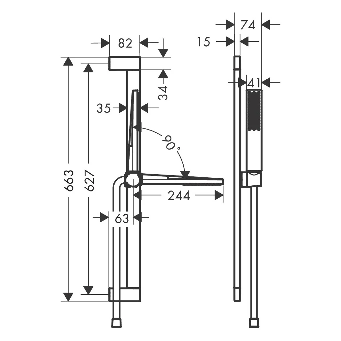 Rysunek techniczny zestawu prysznicowego z wymiarami, hansgrohe