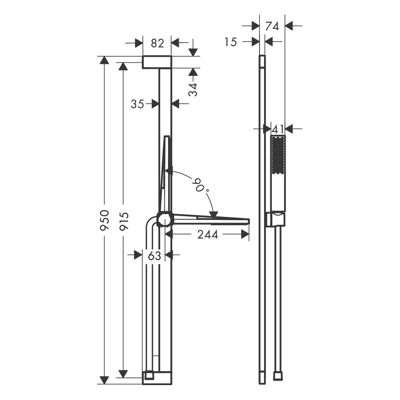 Rysunek techniczny zestawu prysznicowego z wymiarami, hansgrohe