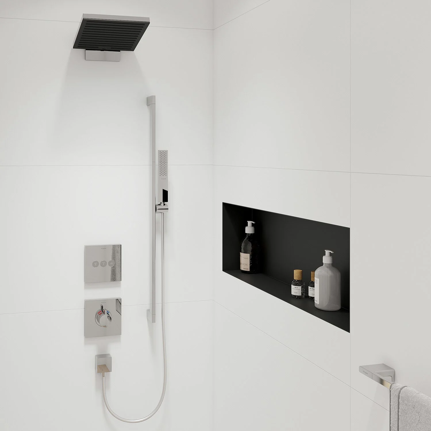 Nowoczesny prysznic z deszczownicą i półką, hansgrohe