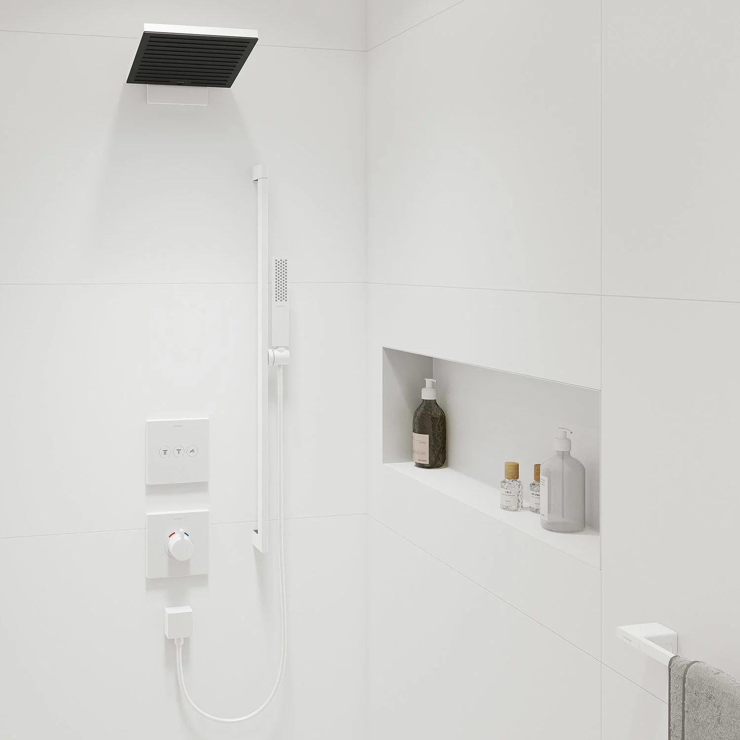Nowoczesny prysznic z deszczownicą i półką, hansgrohe